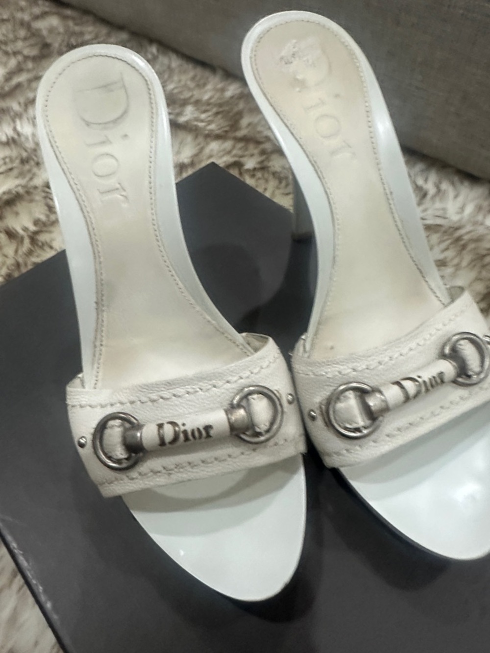 Dior Cream Leather Open-Toe Mule Heels with Logo Hardware